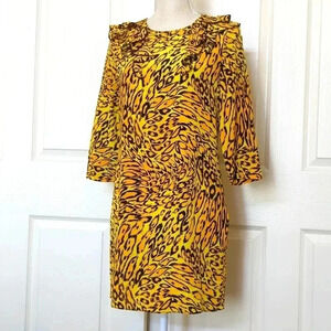 Juicy Couture Silk Yellow Leopard Ruffle Collar Bracelet Sleeve Mini Dress